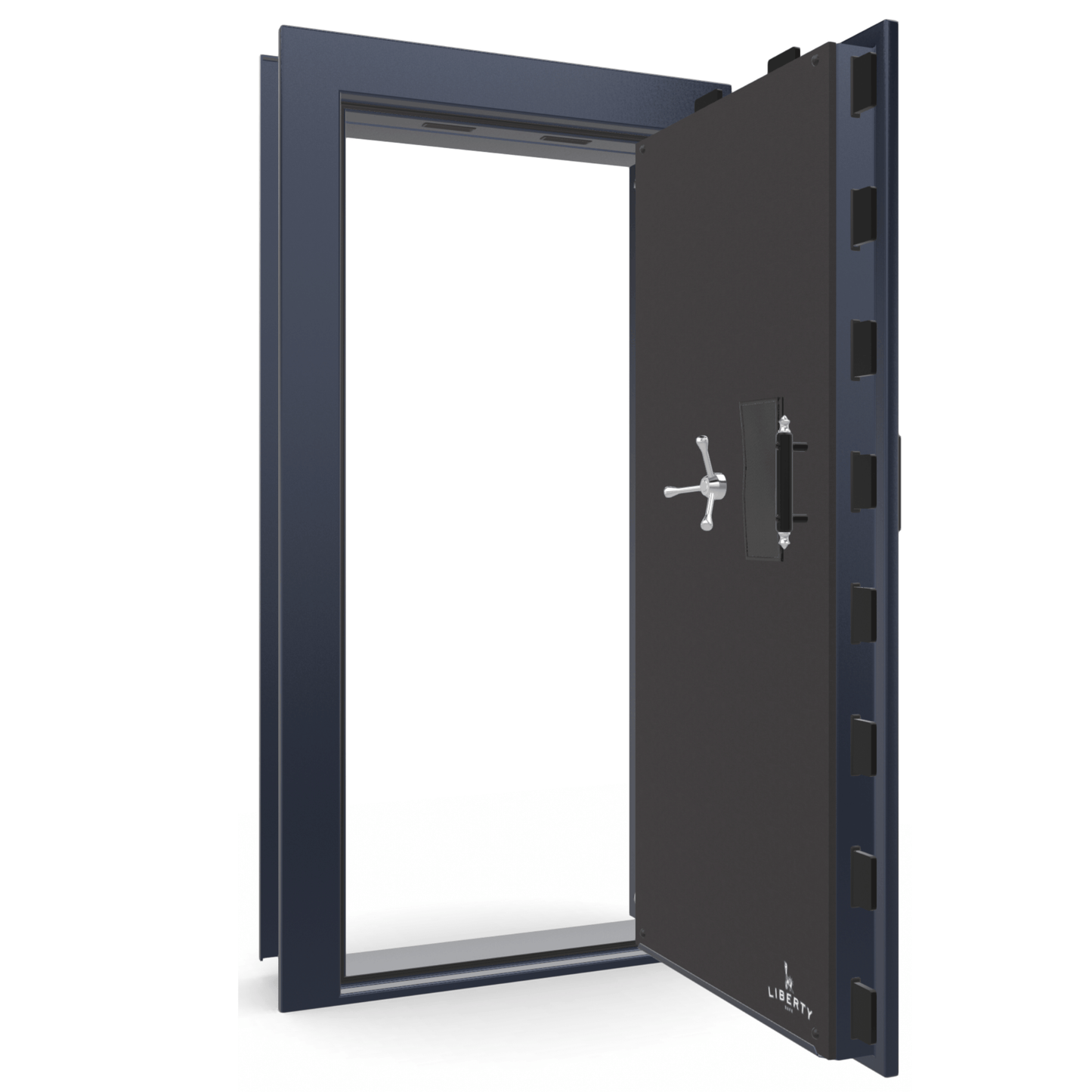 The Beast Vault Door in Blue Gloss with Chrome Electronic Lock, Right Outswing, door open.