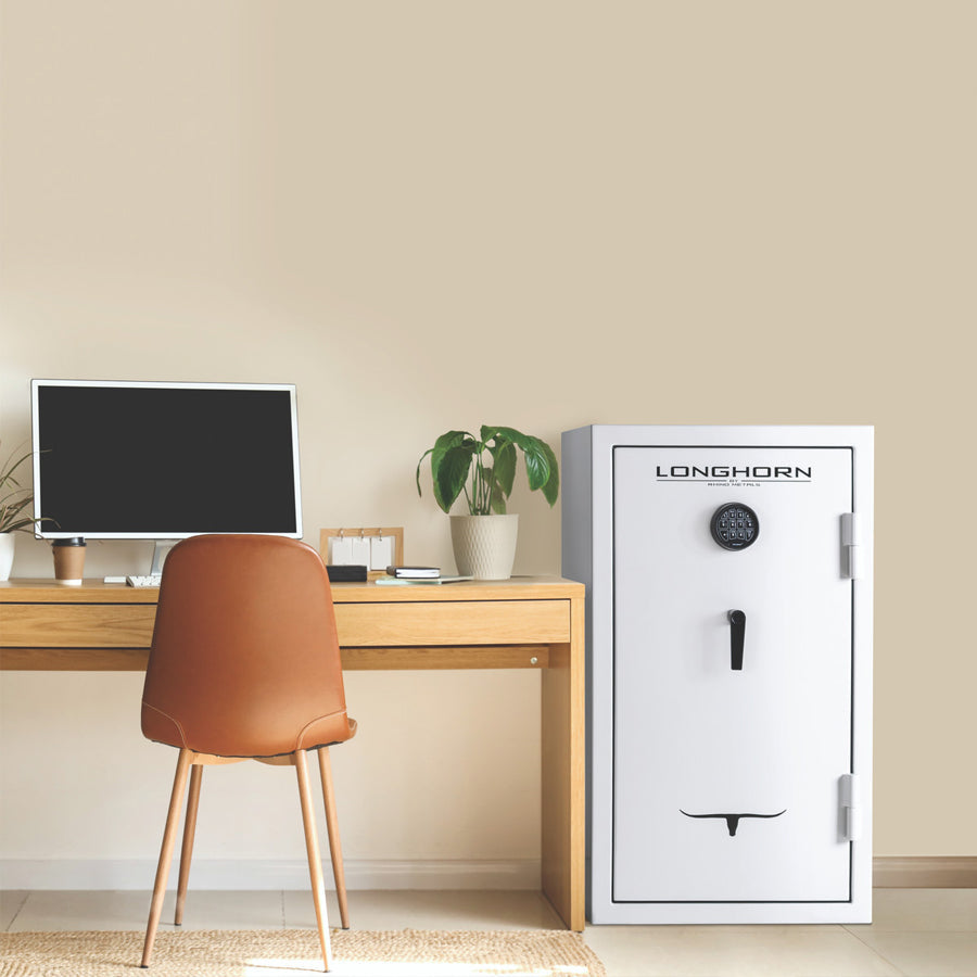 Rhino Metals LGX4224W Home Safe in Gloss White Finish shown in room.