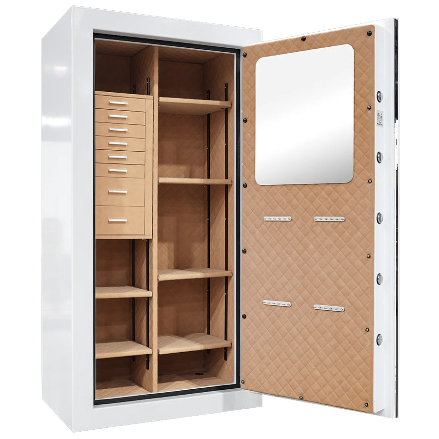 AMSEC JS5930E5 tall white fire-rated jewelry safe interior with LED interior, expanded shelving, and 4 rows of necklace storage