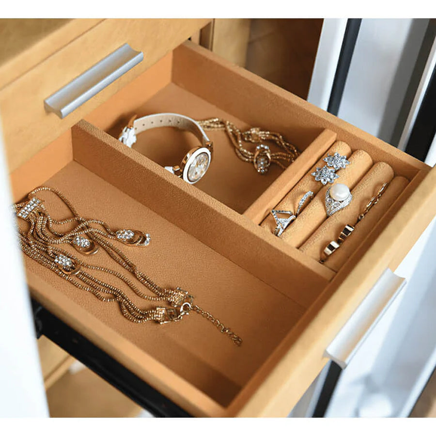 Jewelry set including necklaces, bracelets, and rings displayed in one of the AMSEC JS5517 interior drawers