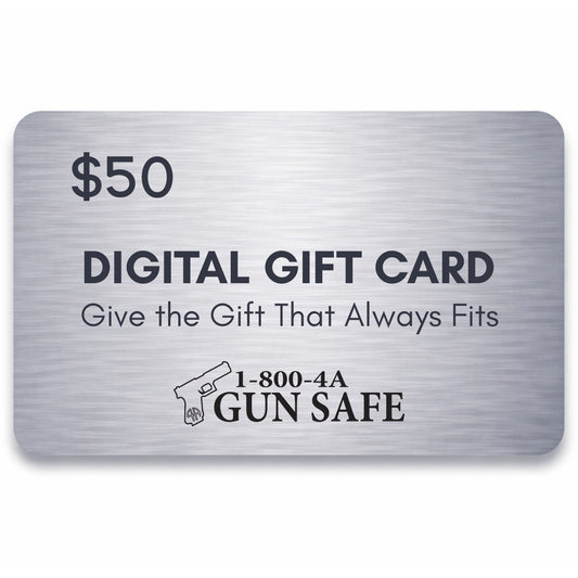 $50 1-800-4A-GUNSAFE digital gift card with brushed metal design