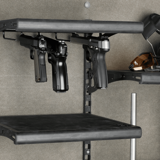 The Browning AXIS Pistol Rack holds five handguns and leaves the shelf available for other gear.