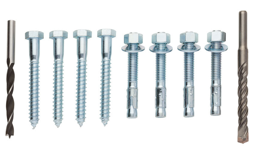 Browning Safes Bolt Down Hardware Kit includes four lag screws for anchoring to wood floors and four concrete bolts and anchors for securing to concrete.