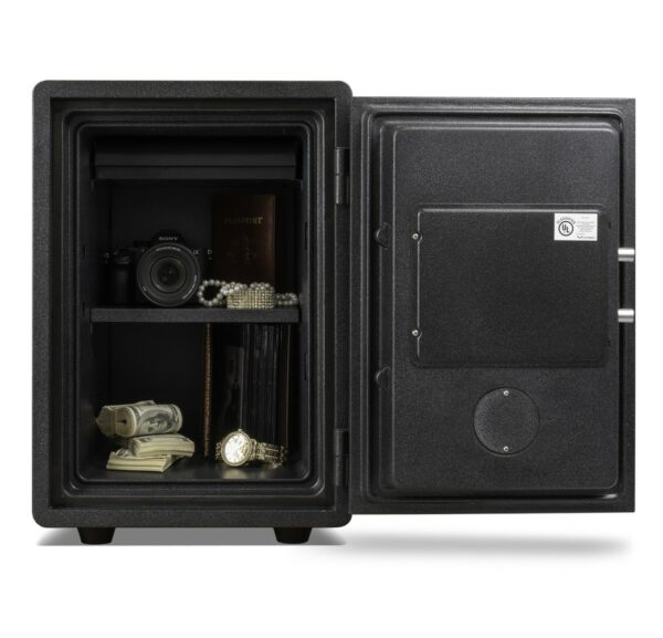 AMSEC FS149 1-hour fire resistant safe open with interior shelf and valuables inside