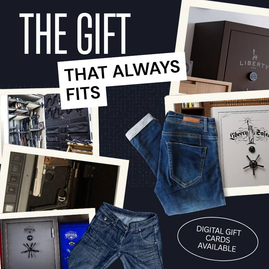 “Gift card promotion banner featuring Liberty gun safes, firearms accessories, and jeans with text ‘The Gift That Always Fits’ and digital gift cards available.”