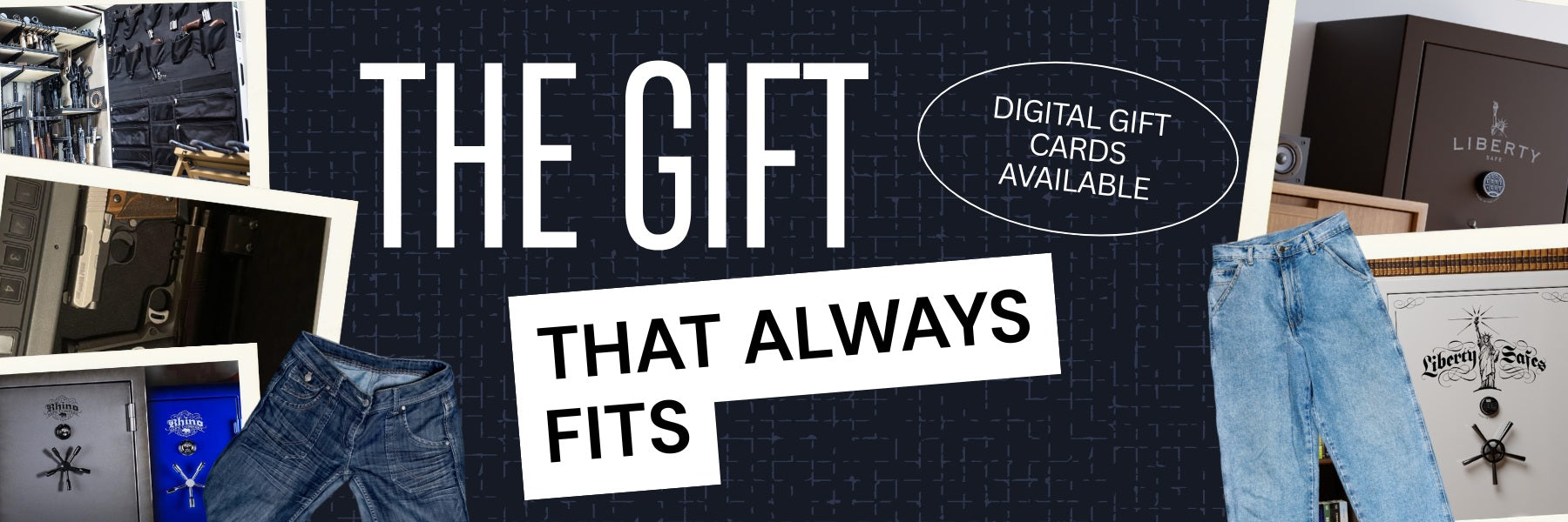 “Website banner promoting digital gift cards for Liberty gun safes and accessories with the message ‘The Gift That Always Fits.’”
