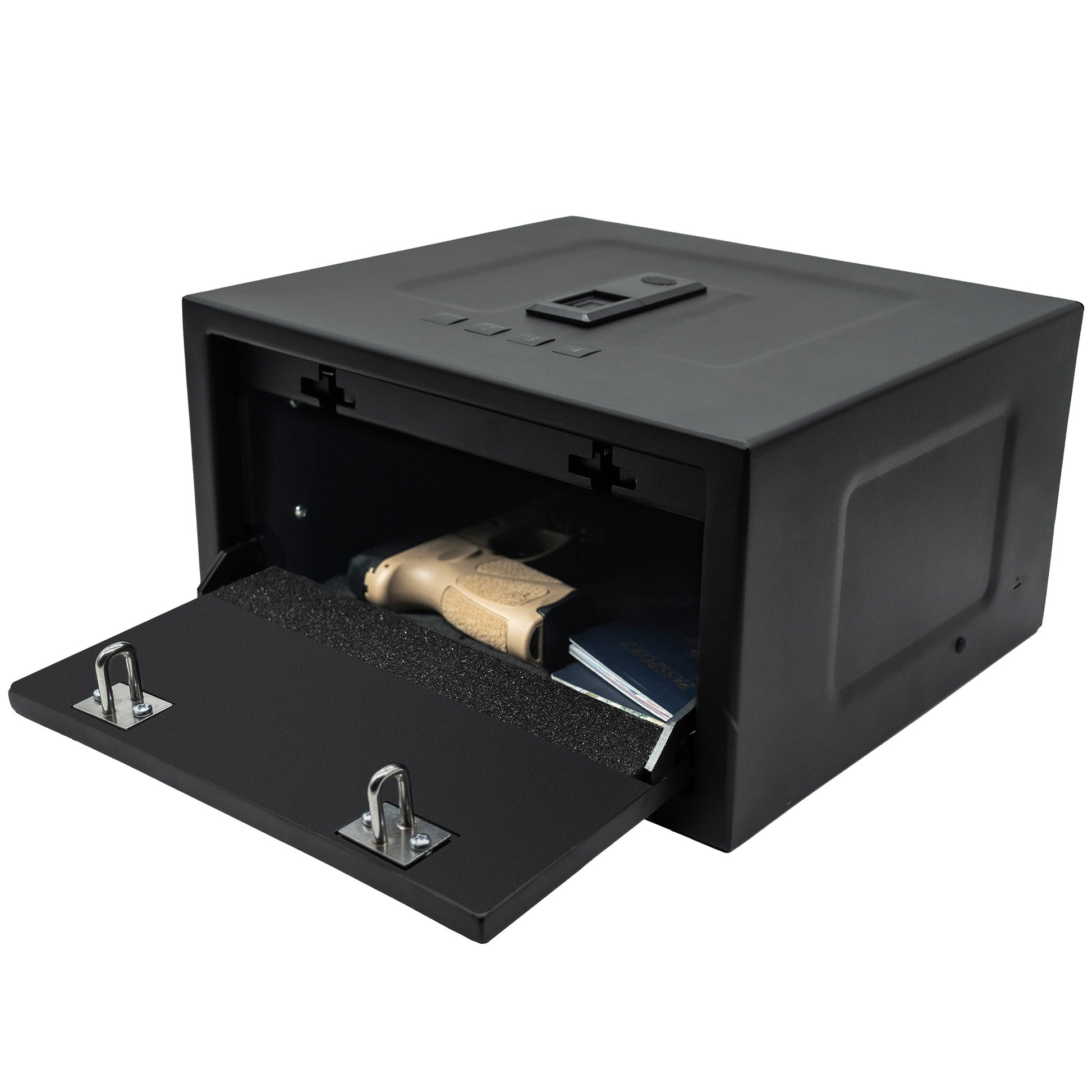 Liberty Safe HDV-250X biometric handgun vault with auto-opening top door and LED interior, door open.