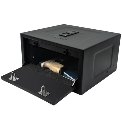 Liberty Safe HDV-250X biometric handgun vault with auto-opening top door and LED interior, door open.