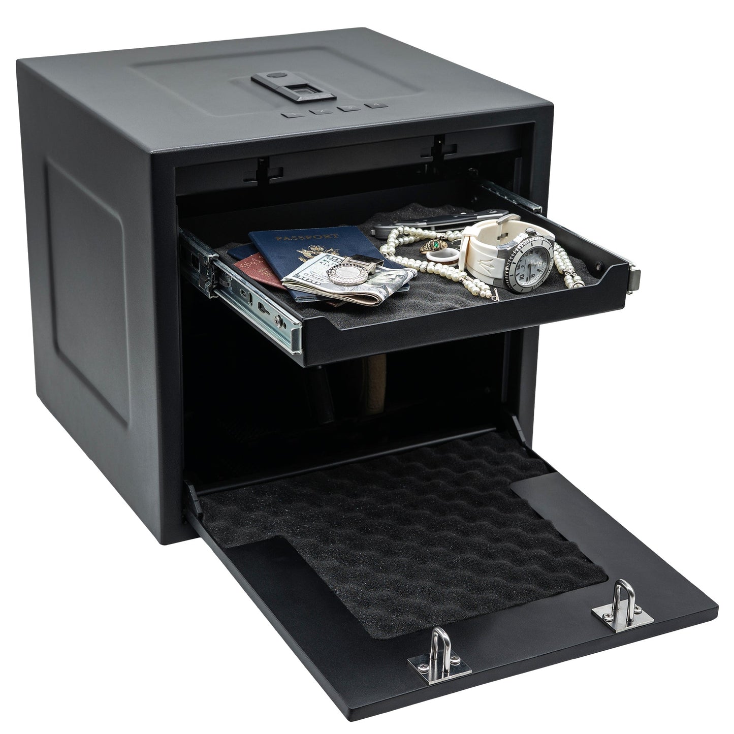 Liberty Safe HDV-350X biometric handgun vault with auto-open lid and LED interior, door open.