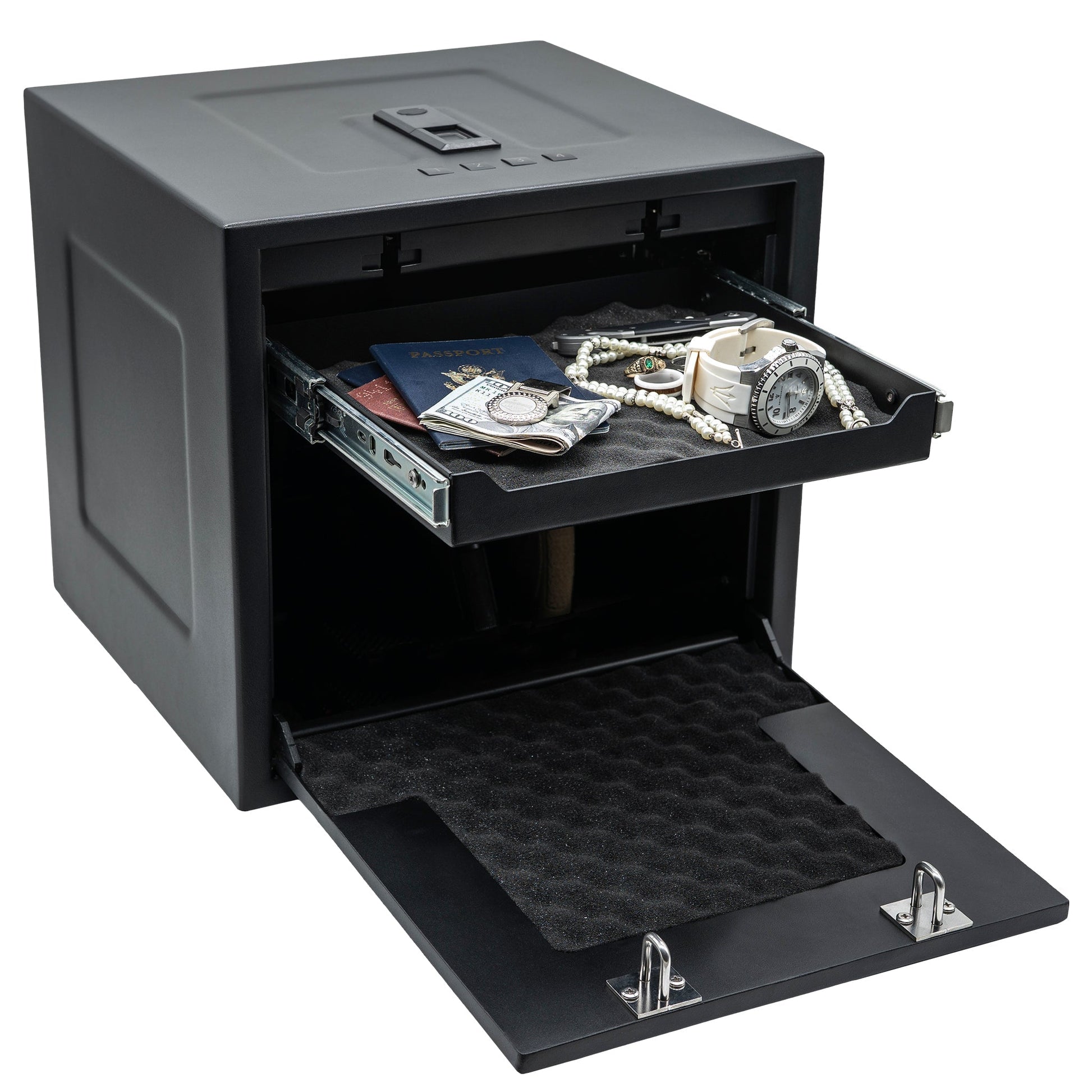 Liberty Safe HDV-350X biometric handgun vault with auto-open lid and LED interior, door open.