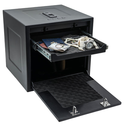 Liberty Safe HDV-350X biometric handgun vault with auto-open lid and LED interior, door open.