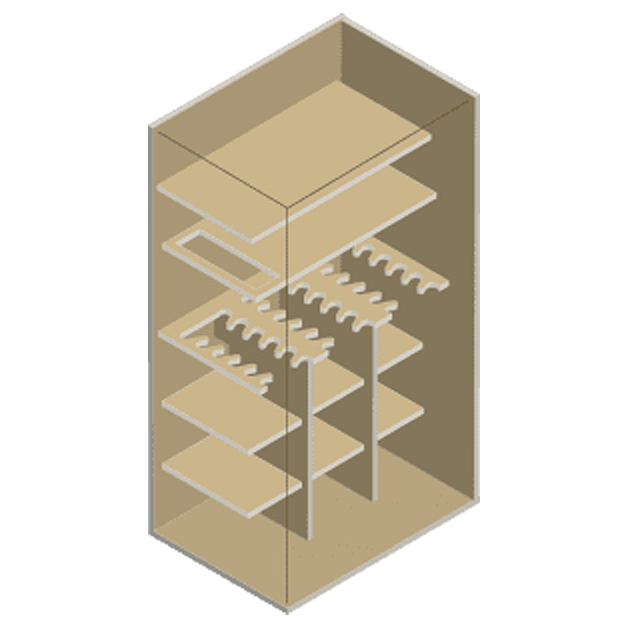 AMSEC RF SERIES INTERIOR 3D isometric illustration of a shelving unit with multiple shelves on a white background