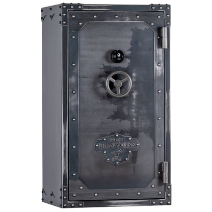 Rhino Thunderbolt TGIX Ironworks gun safe with antiqued steel finish and vault-style hand wheel handle