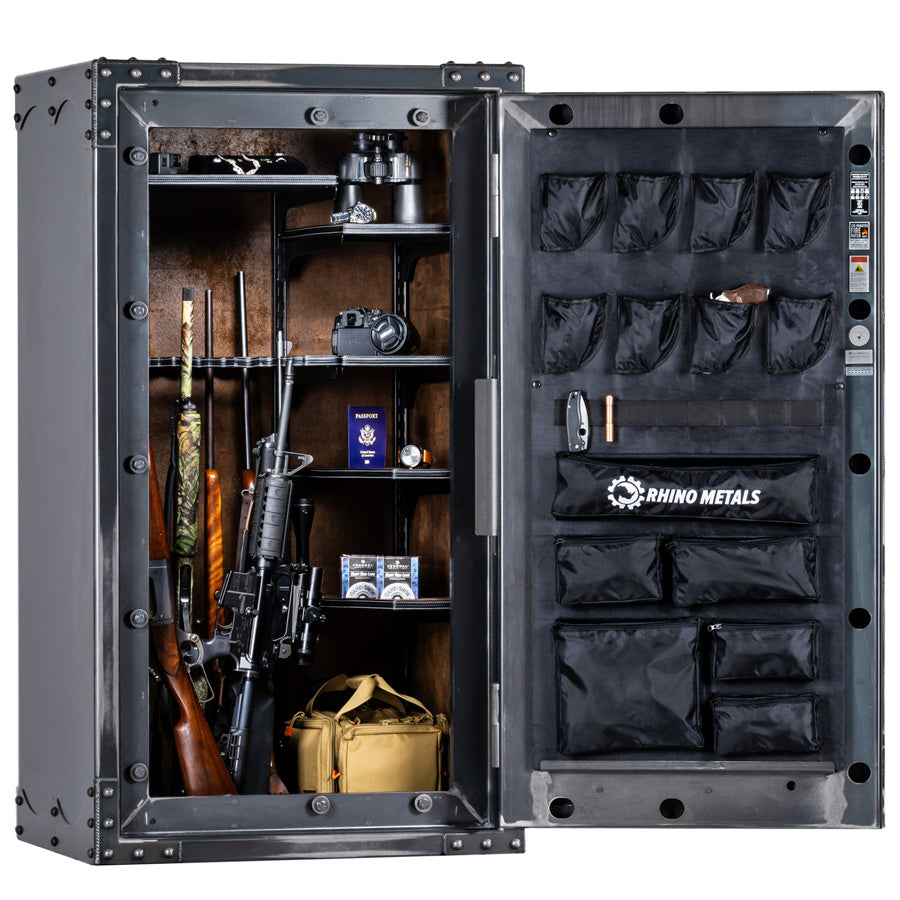 Interior of Rhino Thunderbolt TGIX Ironworks safe with adjustable shelving, rifle storage, and deluxe door organizer