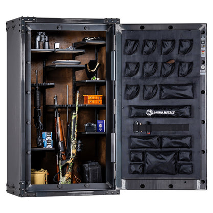 Inside Rhino Thunderbolt TGIX Ironworks gun safe with rifle rods, shelving, and door-mounted storage pockets