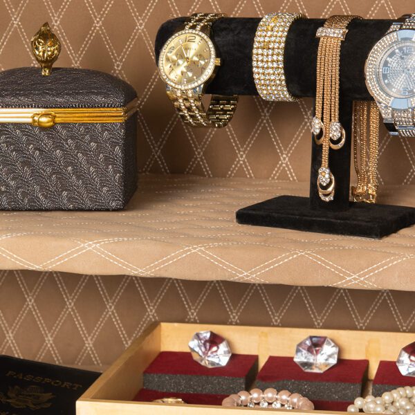 AMSEC AM3020 Plus home safe interior with quilted brown faux-leather lining, watch display, jewelry storage, and motion-activated lighting