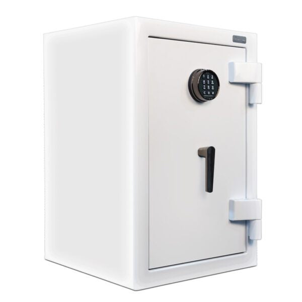 AMSEC AM3020 Plus white home safe angled view showing 12-gauge steel body and electronic lock
