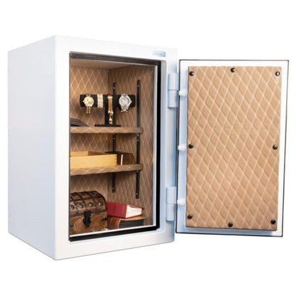 AMSEC AM3020 Plus open home safe displaying quilted brown interior, adjustable shelves, and Palusol door seal