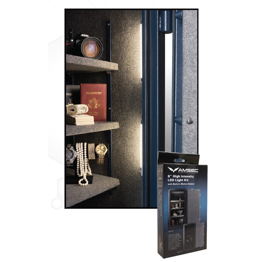 AMSEC 8-inch LED retrofit light kit installed inside a gun safe and the box