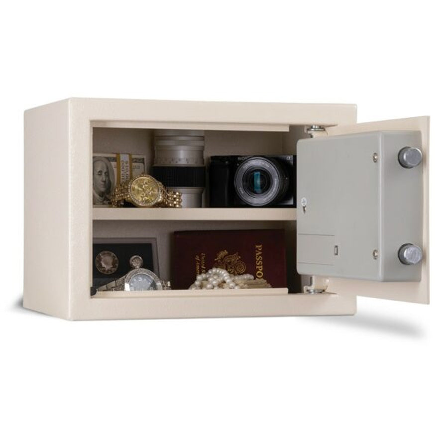 AMSEC EST1014 interior with removable shelf and stored valuables with door open