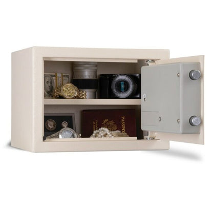AMSEC EST1014 interior with removable shelf and stored valuables with door open