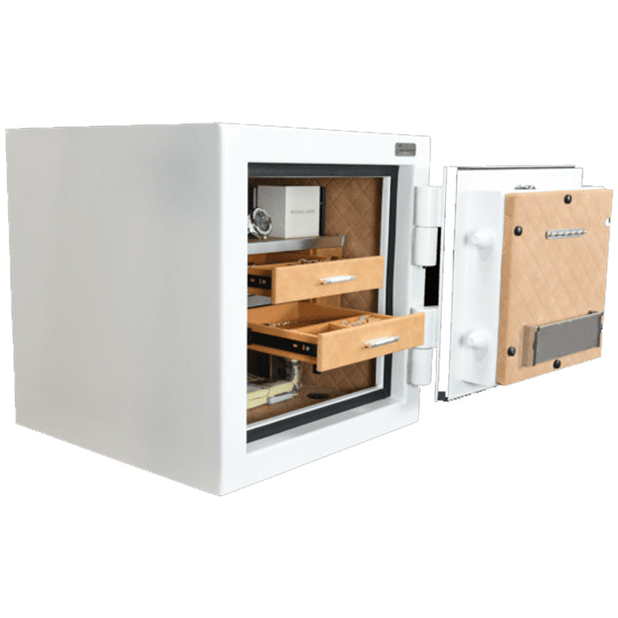 AMSEC JS2020 jewelry safe open showing quilted faux leather interior, drawers, necklace hangers, and LED lighting