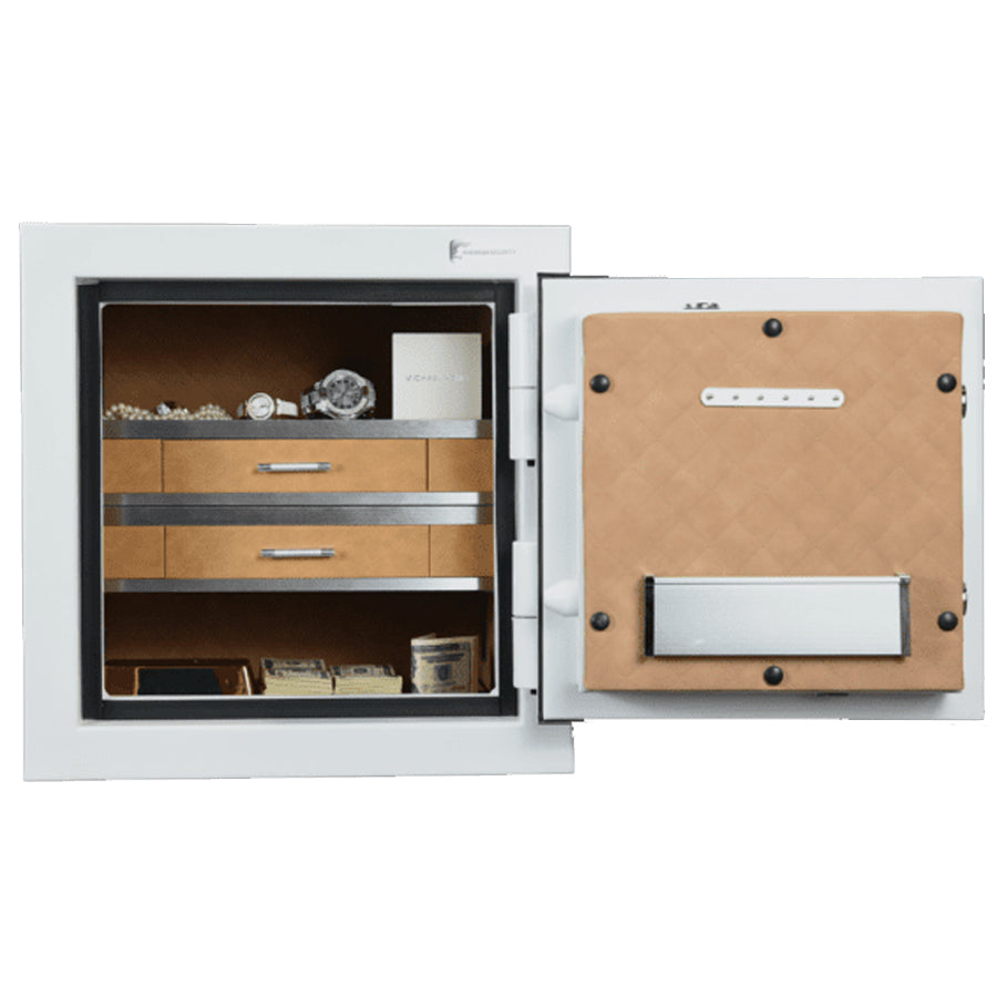 AMSEC JS2020 jewelry safe interior loaded with jewelry showing organized drawers and hanging storage