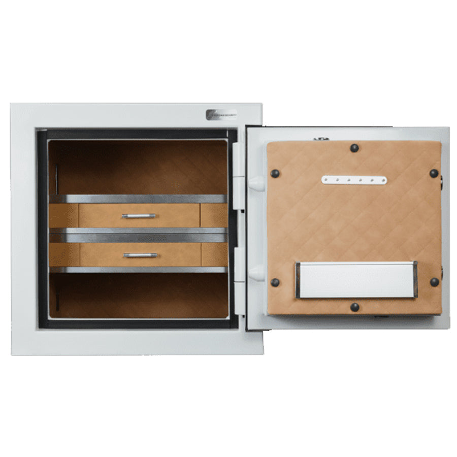 Interior of AMSEC JS2020 jewelry safe with dual drawers, mirrored back, necklace hangers, and motion-sensor LED light