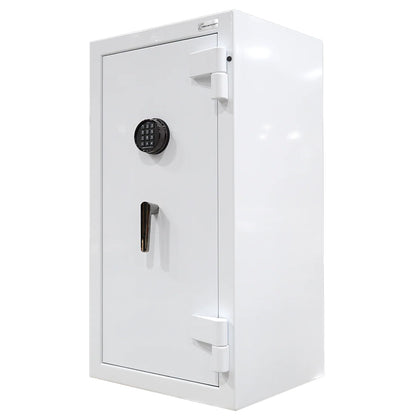AMSEC JS5930E5 tall white fire-rated jewelry safe with black nickel hardware and LED interior organization
