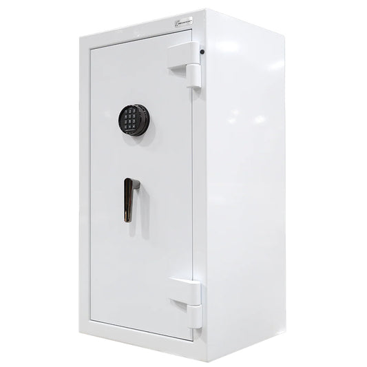 AMSEC JS5930E5 tall white fire-rated jewelry safe with black nickel hardware and LED interior organization