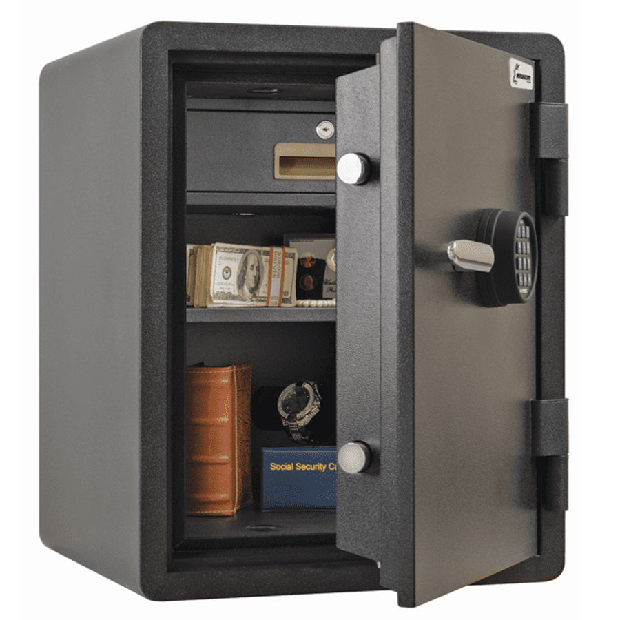 AMSEC FS1814 compact home fire safe open showing door thickness and interior layout