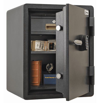 AMSEC FS1814 compact home fire safe open showing door thickness and interior layout