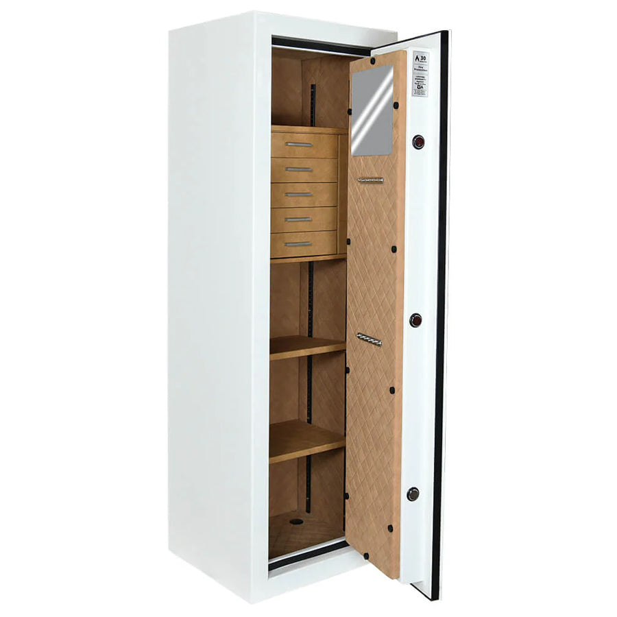 AMSEC JS5517 angled view of interior with five drawers, quilted faux leather lining, necklace hangers, and LED lighting