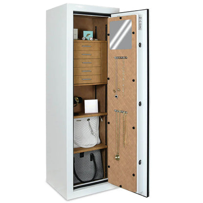 AMSEC JS5517 angled view of interior with five drawers, quilted faux leather lining, and necklace hangers in use