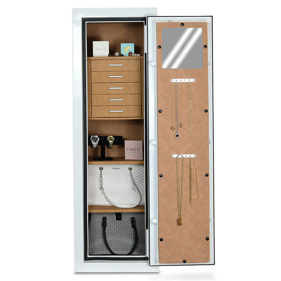 AMSEC JS5517 interior with five drawers, quilted faux leather lining, with necklaces on the necklace hangers, and valuables inside