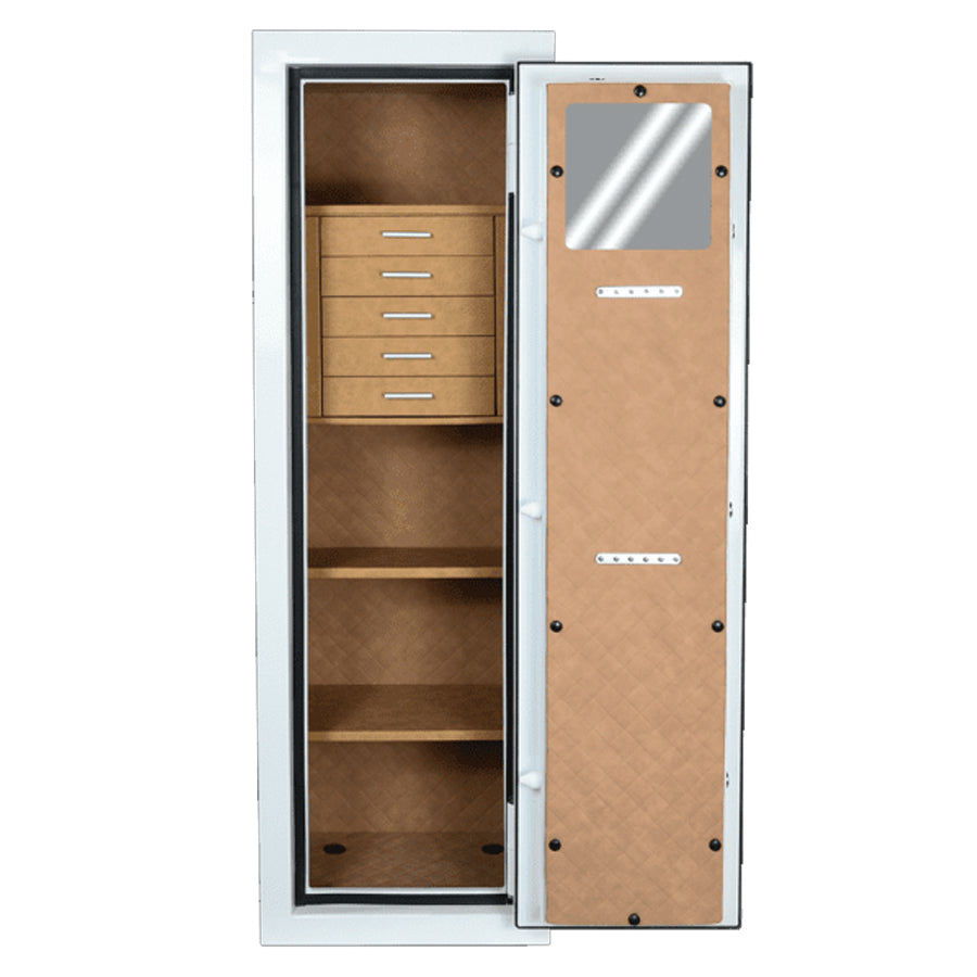 AMSEC JS5517 interior with five drawers, quilted faux leather lining, necklace hangers, and LED lighting