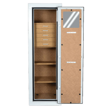 AMSEC JS5517 interior with five drawers, quilted faux leather lining, necklace hangers, and LED lighting