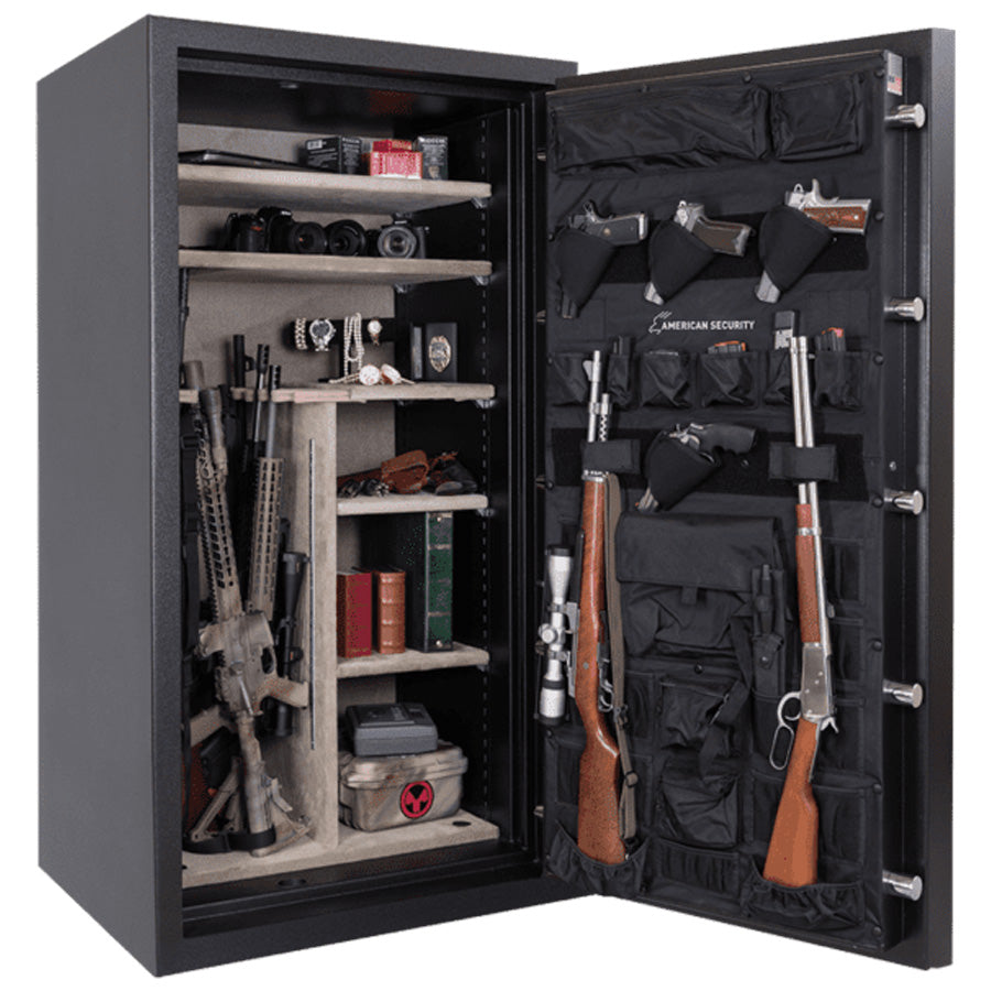 Loaded interior of AMSEC RF582820X6 gun safe showing rifle storage and door panel