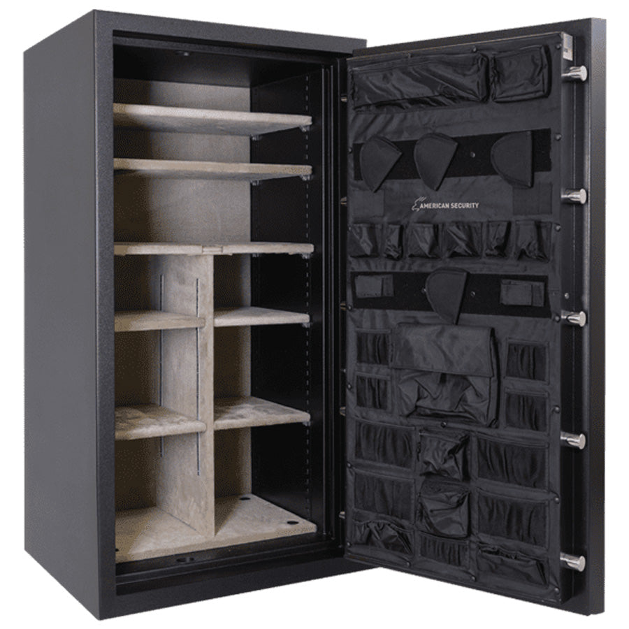 Interior view of AMSEC RF582820X6 gun safe with adjustable shelving and door organizer