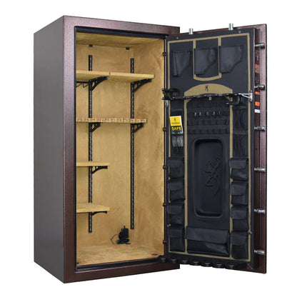Browning Rawhide 33 gun safe interior with faux leather lining and CMS shelving