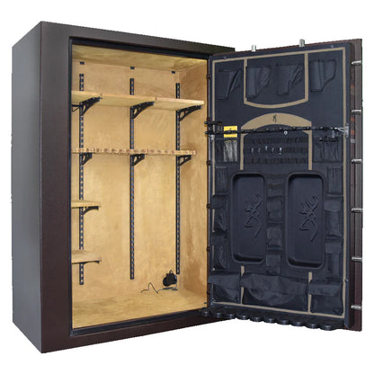 Browning Rawhide 49 gun safe interior showing faux leather lining and CMS shelving