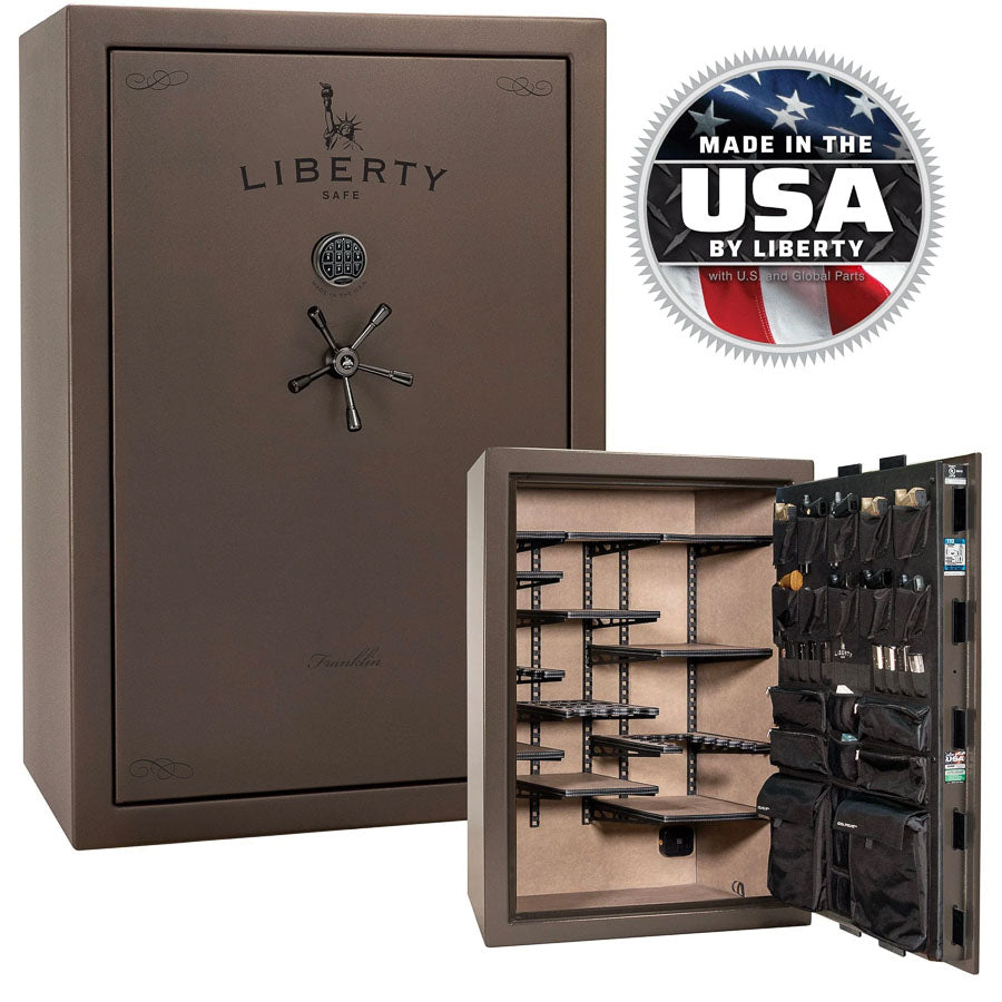 Liberty Safe Franklin 45 Widebody in Bronze Textured — stacked exterior and interior views.