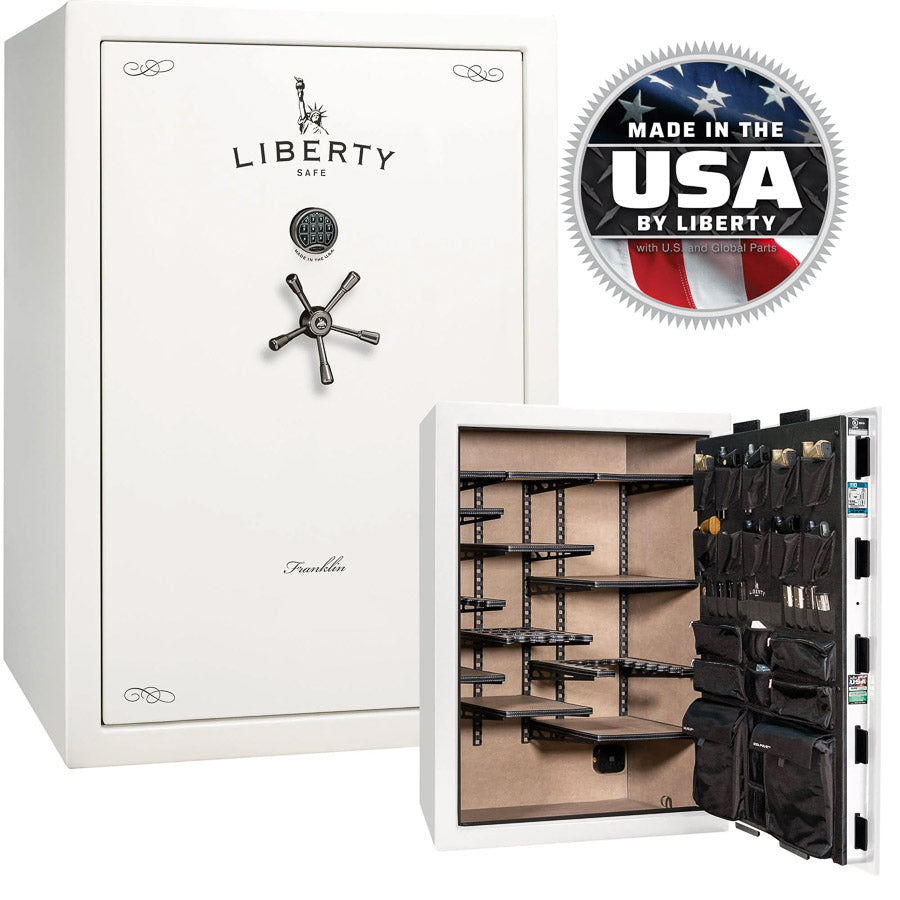 Liberty Safe Franklin 45 Widebody in White Gloss— stacked exterior and interior views.