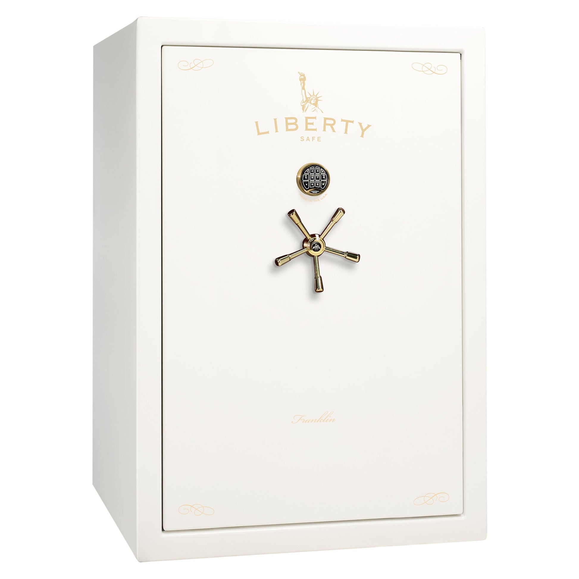 Liberty Safe Franklin 45 Widebody in White Gloss with brass — exterior view.