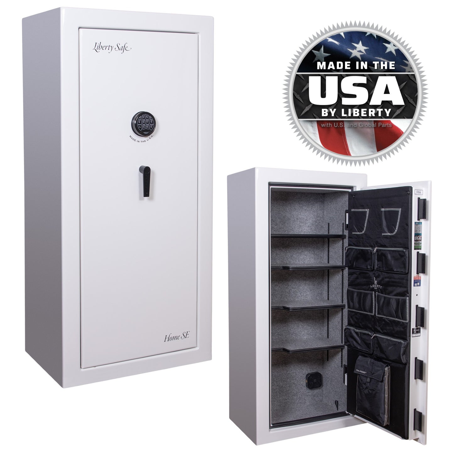 Liberty Home SE in Icy White Gloss with Black Chrome Electronic Lock.