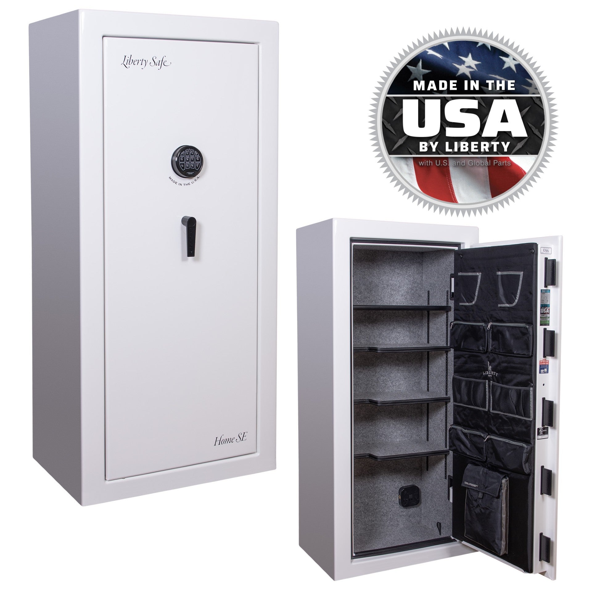 Liberty Home SE in Icy White Gloss with Black Chrome Electronic Lock.