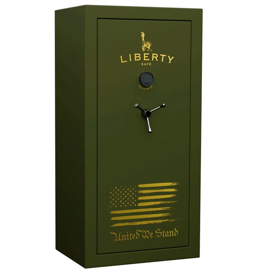 Liberty USA 30 Olive Drab Green Flag Safe with Gold Lettering, exterior.