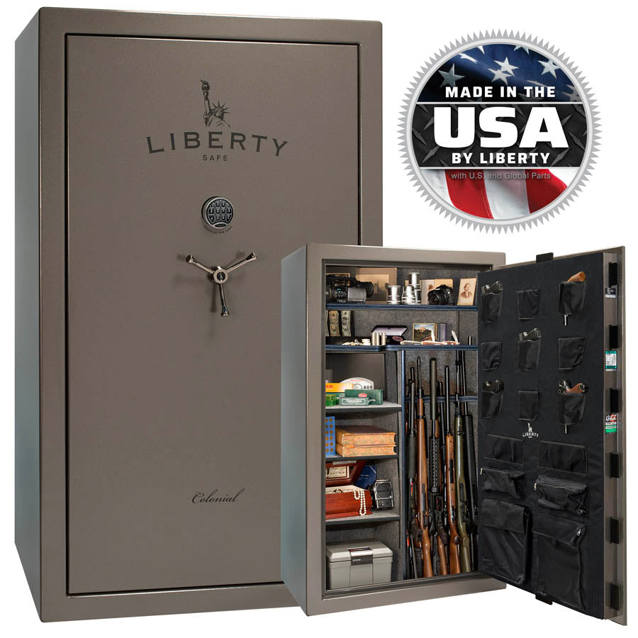 Liberty Colonial 50 gun safe in Gray Marble finish with black chrome hardware – open interior shelving and USA-made badge – Pre-Black Friday Sale.
