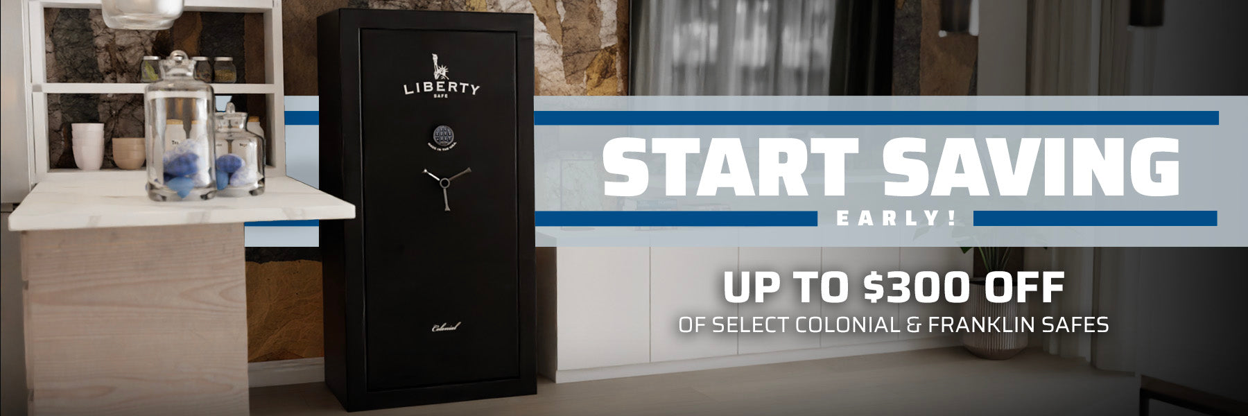 Pre-Black Friday sale banner featuring a Liberty Colonial gun safe in a home setting with text promoting up to $300 off select Colonial and Franklin safes.